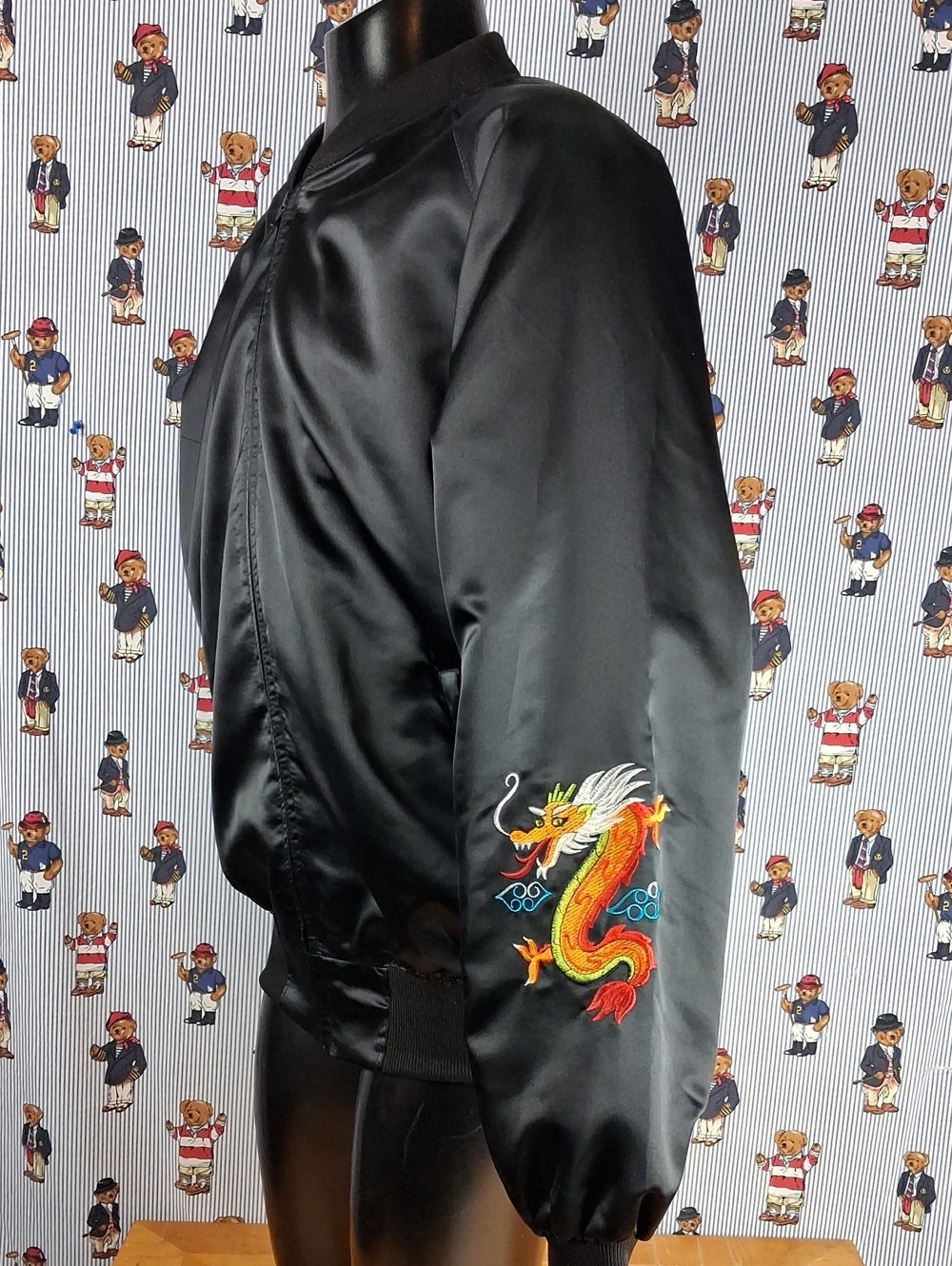 Vintage 90s Korea Embroidered Dragon Spell Out Zip Black Xl Satin Bomber Jacket - Picture 3 of 6